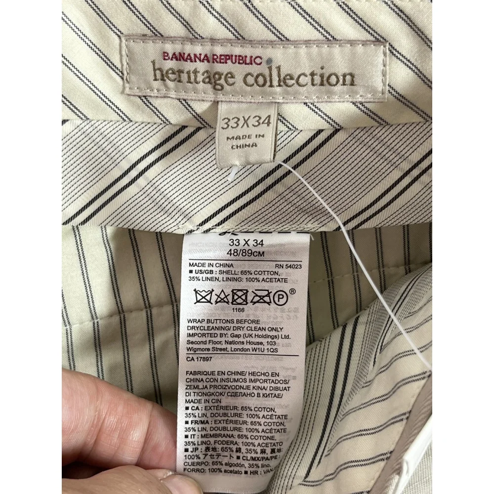 Banana Republic Heritage Pants Mens 33x28 Slim Fit‎ Linen Blend New Hemmed